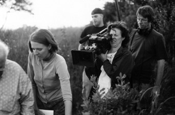 Director Katrina Browne (in front), Director of Photography Liz Dory, and other members of the production crew filming in Bristol, R.I.